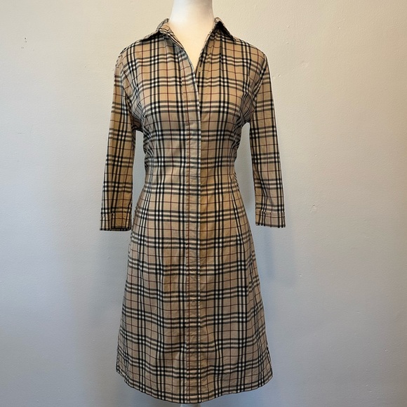 BURBERRY THREE QUARTER SLEEVE BUTTON UP SHIRT DRESS, SIZE: